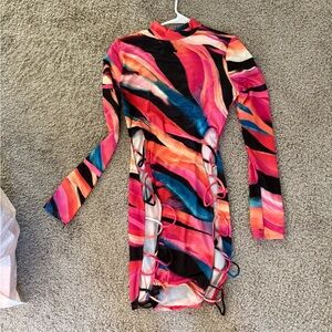 Fashion Nova Pink and Orange Bodycon Dress Long Sleeve Mock Neck